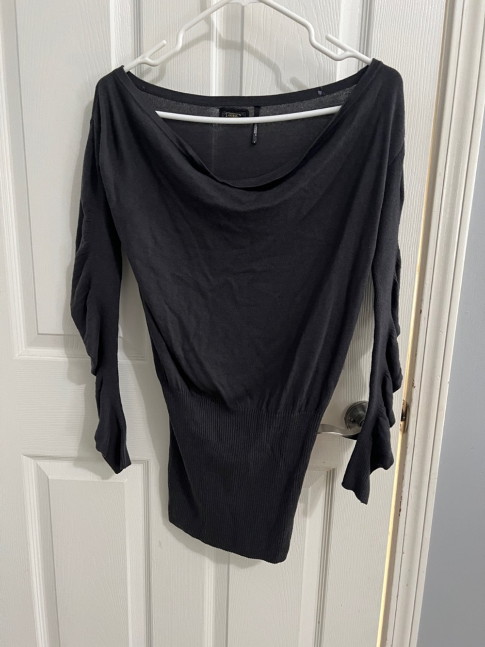 Dark gray  Off-Shoulder Ribbed Waist Sweater